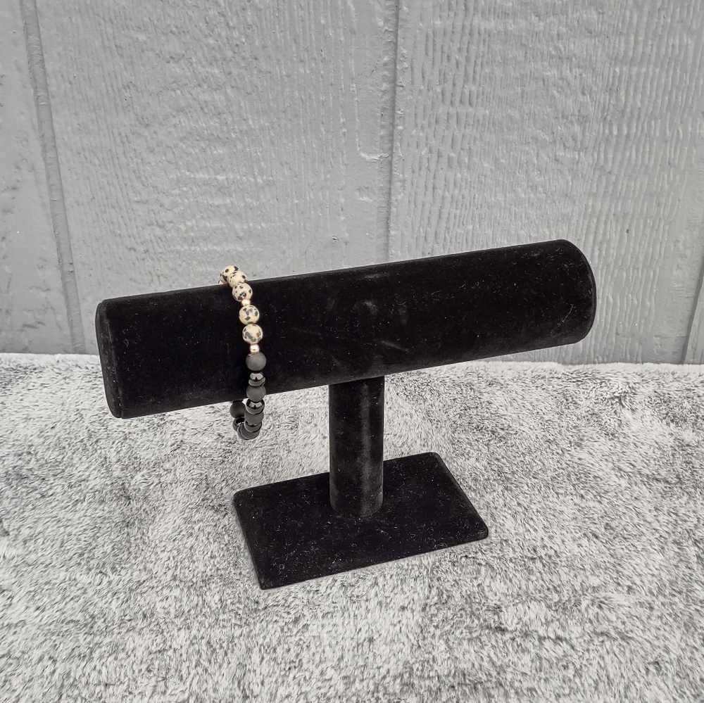 Dalmatian Jasper & Matte Black Gemstone Beaded Bracelet